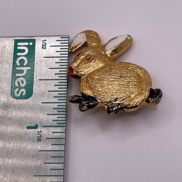 Vintage Gold Tone Rabbit Pin Brooch With Red & White Accents - Picture 5 of 5